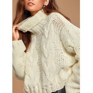 POL🌺Morning Snowfall Cable Knit Oversized Turtleneck Sweater Sz M